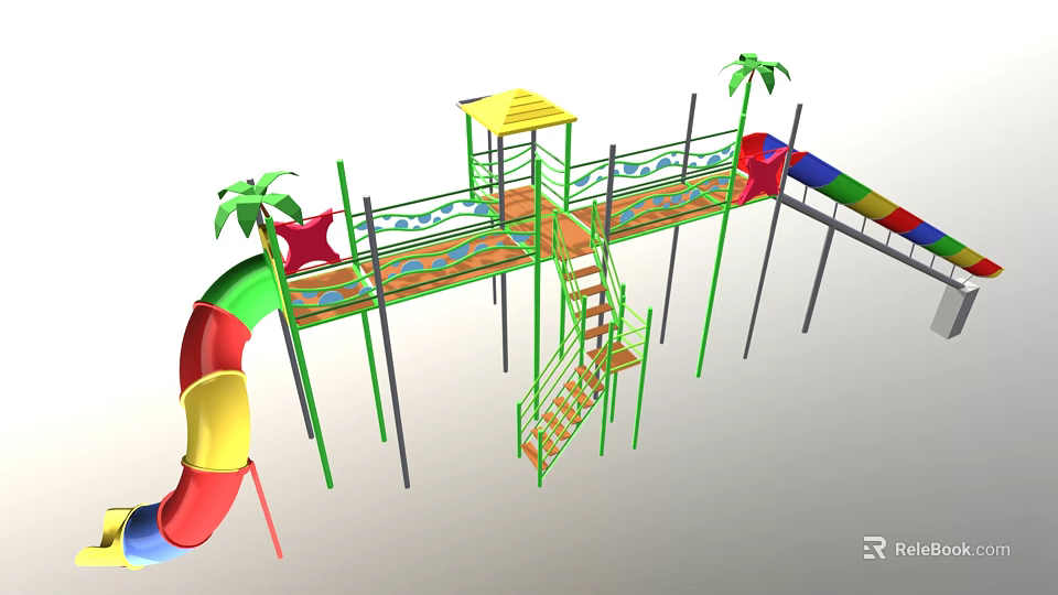 Playground Equipment With Colorful Slide Yellow Canopy Palm Tree Decorations Star Railings And Stairs 3d model 