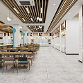 Modern Restaurant Interior With Dining Tables Chairs Marble Counters Wooden Ceiling And Blue Illuminated Columns