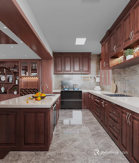 Dark Wooden Kitchen Interior With White Countertops Island Wine Rack And Appliances 3d model 