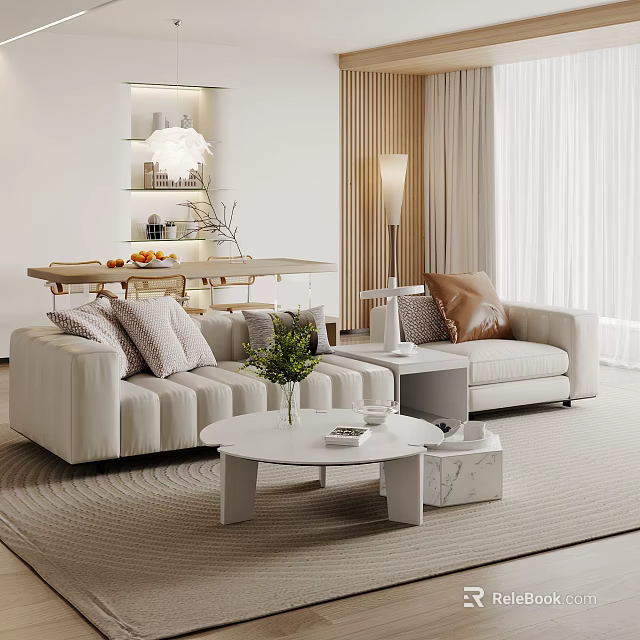 Contemporary Living And Dining Area Interior Design With Sofa Coffee Table Dining Table And Plant 3d model 