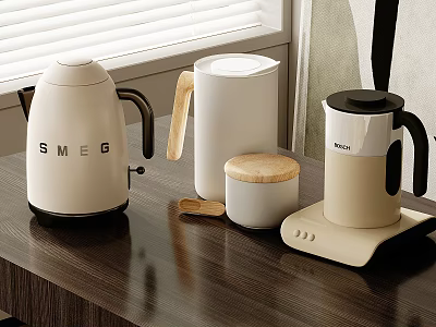 Stylish Daily Electrical Appliances On Modern Wooden Kitchen Countertop 3d model