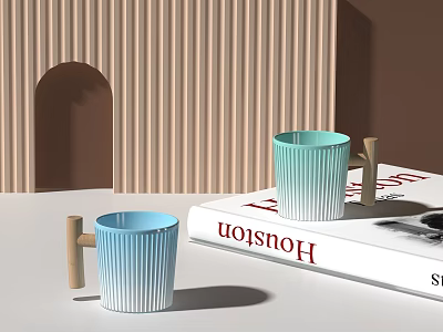 Light Blue And Teal Ribbed Mugs With Wooden Handles On Open Book 3d model