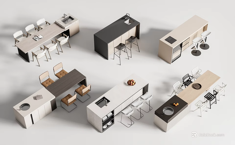 Modern Bar Counter Designs With Stools Storage And Neutral Color Finishes 3d model 