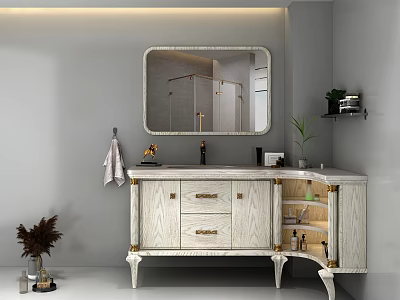 Modern Bathroom Vanity With White Cabinet Gold Handles Mirror And Potted Plant 3d model