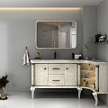 Modern Bathroom Vanity With White Cabinet Gold Handles Mirror And Potted Plant