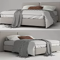 Modern Double Bed with Beige Headboard White Sheets and Checkered Blanket 3d model