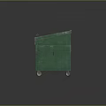 Green Industrial Dumpster With Black Ribbed Lid Yellow Warning Labels And Wheels