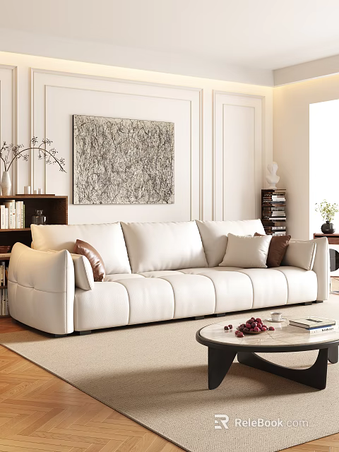 White Leather Sofa And Coffee Table Set With Plush Pillows In Modern Living Room Interior 3d model 