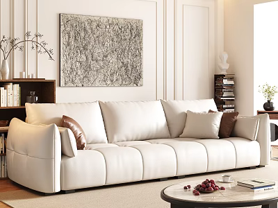 White Leather Sofa And Coffee Table Set With Plush Pillows In Modern Living Room Interior 3d model