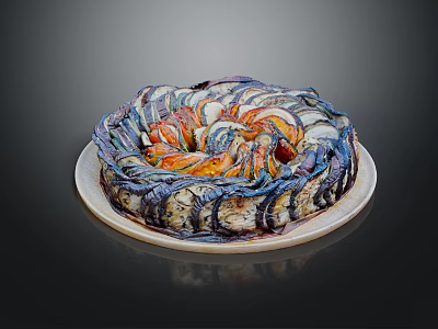 Colorful Layered Ring Pastry With Blue And Orange Swirls On White Plate 3d model