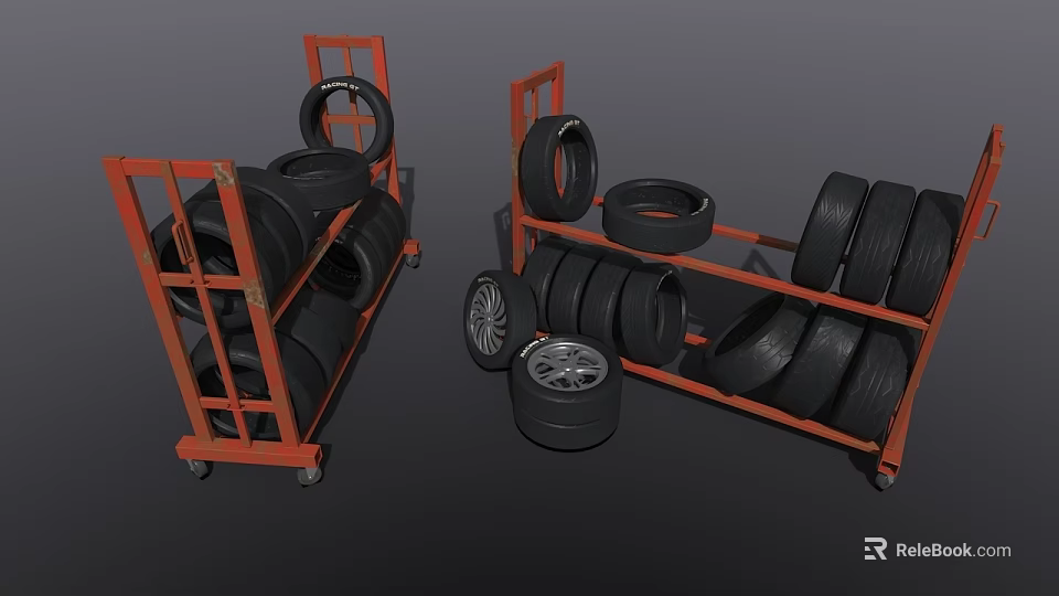 Orange Storage Shelving Unit for Organizing Tires with Wheels and Multiple Layers 3d model 