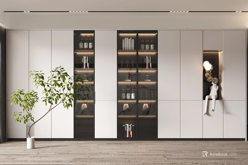 Sleek Modern Wine Cabinet With Glass Doors Displaying Wine Bottles And Glasses 3d model 