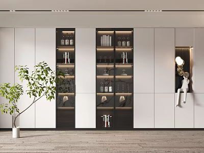 Sleek Modern Wine Cabinet With Glass Doors Displaying Wine Bottles And Glasses 3d model