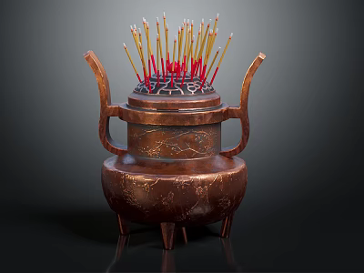 Brass Incense Burner With Handles Engraved Patterns Holding Colorful Incense Sticks On Three Feet 3d model