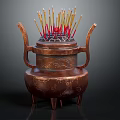 Brass Incense Burner With Handles Engraved Patterns Holding Colorful Incense Sticks On Three Feet