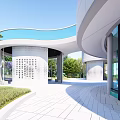 Modern Visitor Center With Curved Structure White Walls Blue Roof Green Plants And Paved Plaza