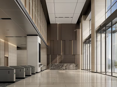 Modern Service Hall Interior Design With Marble Reception Desk Glass Doors And Self Service Kiosks 3d model