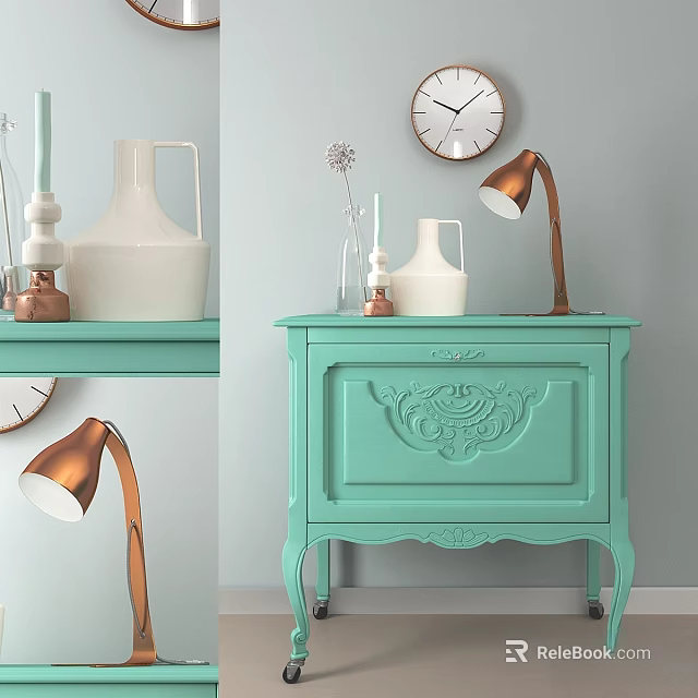 Light Green Chest of Drawers with Carved Decoration Brass Lamp White Vase and Wall Clock 3d model 