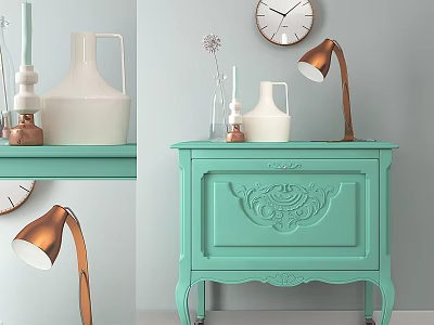 Light Green Chest of Drawers with Carved Decoration Brass Lamp White Vase and Wall Clock 3d model