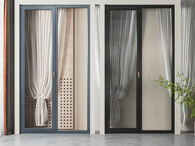 Modern Blue And Black Hinged Doors With Glass Panels And White Curtains Indoor 3d model