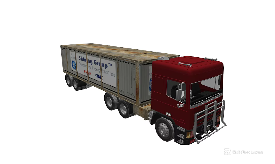 Red Cargo Truck With Shanghai Cooling Co Ltd Container On Chassis 3d model 