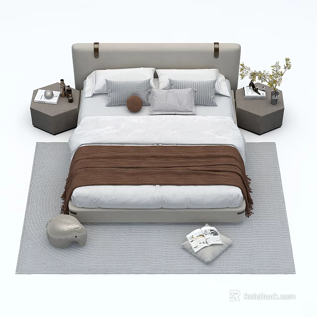 Double Bed Featuring Gray Headboard Plush Pillows Brown Throw Blanket Hexagonal Nightstands and Gray Rug 3d model
