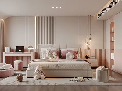 Modern Kids Room With Pink Beige Bed Desk Stuffed Toys Pendant Lights Bookshelf And Rug 3d model