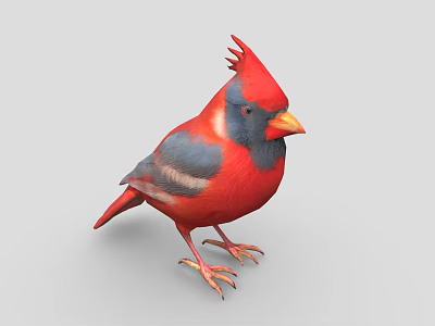 Red and Blue Crested Cardinal Bird with Orange Beak and Claws on Gray Background 3d model