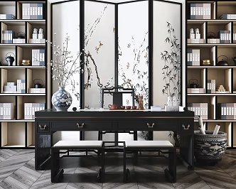 New Chinese Style Desk and Chair Zen Style Desk and Chair Combination 3d model