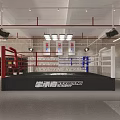 Kickboxing Fitness Training Area With Boxing Ring Red White Ropes And Ceiling Lighting