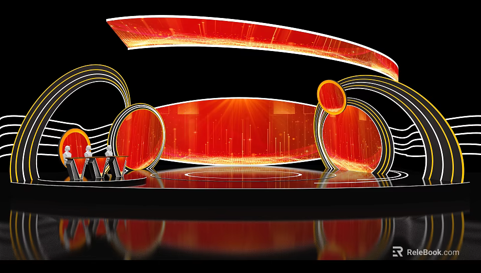 Red Stage With Curved Design Circular Structures And People Under Bright Lighting 3d model