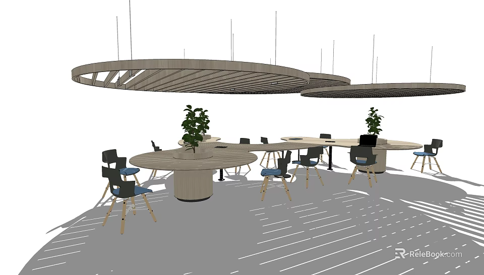 Modern Circular Office Desks With Chairs Green Plants And Ceiling Lights Design 3d model 