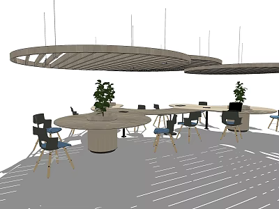 Modern Circular Office Desks With Chairs Green Plants And Ceiling Lights Design 3d model