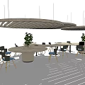 Modern Circular Office Desks With Chairs Green Plants And Ceiling Lights Design