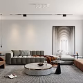 Modern Living Room Interior With Marble Wall TV Bookshelf Round Coffee Table And Brown Sofa