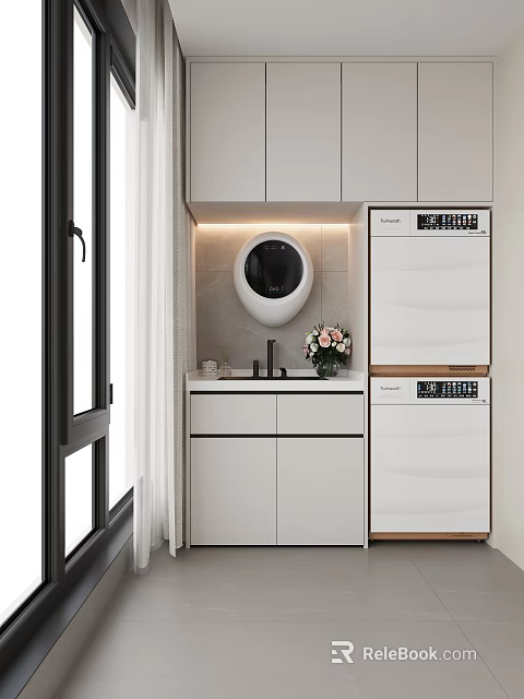 Home Balcony Modern Design With Washing Machine Dryer Storage Cabinets Sink And Potted Plants 3d model 