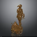 Golden Statue Depicting Woman with Feathered Headdress Bow Arrow and Campfire Base