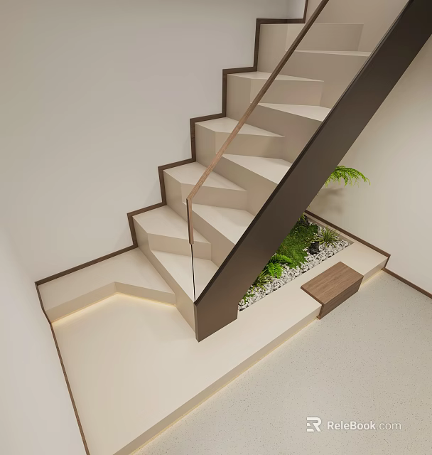 Modern Staircase With Glass Railing Wooden Steps Green Plants And Pebbles In Interior 3d model 
