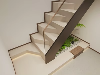 Modern Staircase With Glass Railing Wooden Steps Green Plants And Pebbles In Interior 3d model
