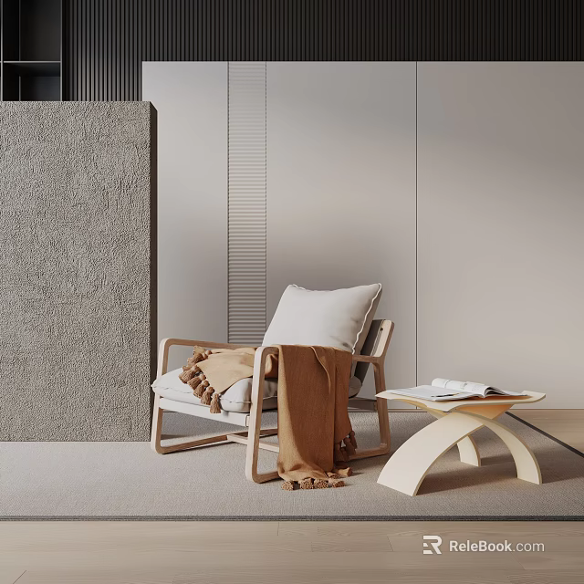 Modern Minimalist Accent Chair With White Cushion Brown Throw Blanket And Side Table 3d model 