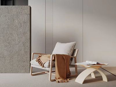 Modern Minimalist Accent Chair With White Cushion Brown Throw Blanket And Side Table 3d model