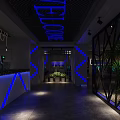 Modern Cyber Cafe Interior With Blue Lighting Black Metal Partition Computers Tables And Green Plants