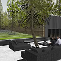 Modern Garden Landscape With Tall Trees Outdoor Seating Green Lawn And Building Surroundings