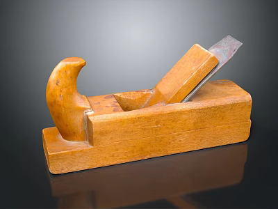 Wooden Hand Plane With Curved Handle And Metal Blade On Black Reflective Surface 3d model