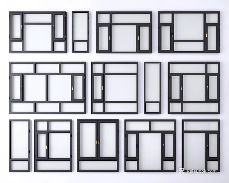 Various Black Window Frame Designs With Different Grid Patterns For Home Decor 3d model