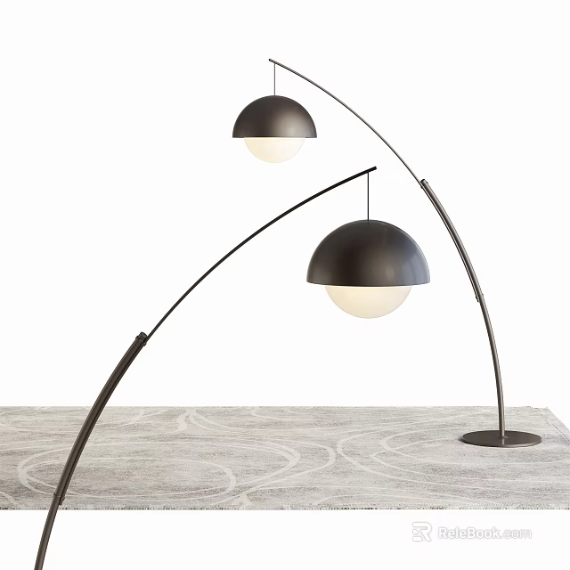 Modern Black Arc Floor Lamps with Spherical Shades on Gray Patterned Surface 3d model