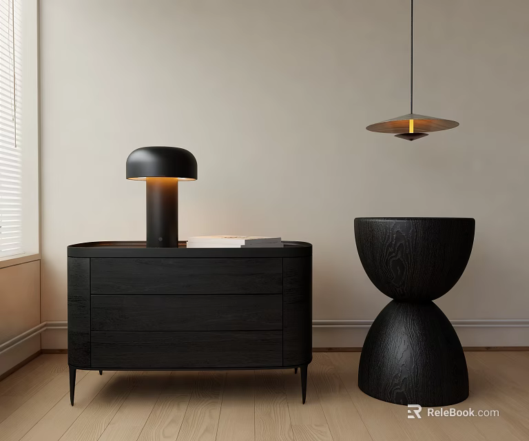Minimalist Interior With Black Cabinet Stool Table Lamp Wooden Floor And Light Colored Walls 3d model 