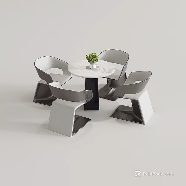Modern Round Marble Table and Chair Set With Curved Gray White and Potted Green Plant 3d model 