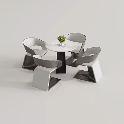 Modern Round Marble Table and Chair Set With Curved Gray White and Potted Green Plant 3d model