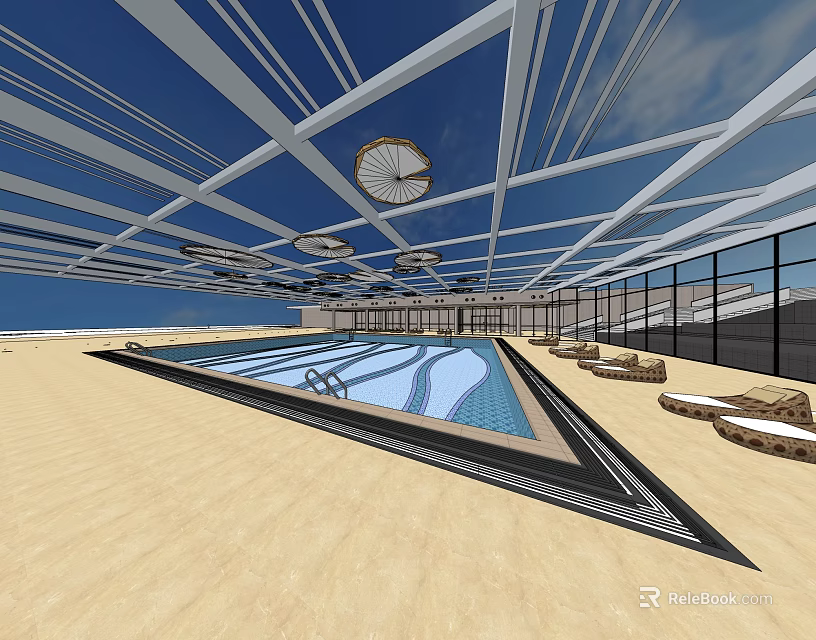 Indoor Swimming Pool With Glass Ceiling Sandy Area Loungers And Large Windows 3d model 